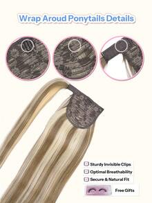 Ponytails Extensions Human Hair Ash Brown Highlight Platinum Blonde Remy Hair Extensions Invisible Wrap Around Ponytail Real Human Hair For Women Daily Work - S8/60 - View 5