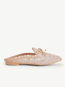 CUCCOO CHICEST Square Toe Flat Bottom Apricot Love Embroidery Mesh Bow Breathable Women's Low Vamp Flat Bottom Shoes Mules Shoes Exquisite Comm - Apricot - View 3