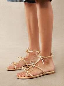Solezae Women's Minimalist Elegant Ribbon Decor Ankle Strap Flat Sandals Summer Shoes - Gold - View 2