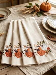 Cirelle 1/2/4 Pcs Embroidered Pumpkin Cloth Napkins, Fall Harvest Polyester Dinner Napkins Set, Washable Reusable Table Napkins For Thanksgiving, Autumn Holiday & Dining Table Decor - Multicolor - View 7