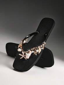 VACAZURE Women PVC Thong Flat Bling Chic Tropical Everyday Black Seashell Flip Flops - Black - View 5