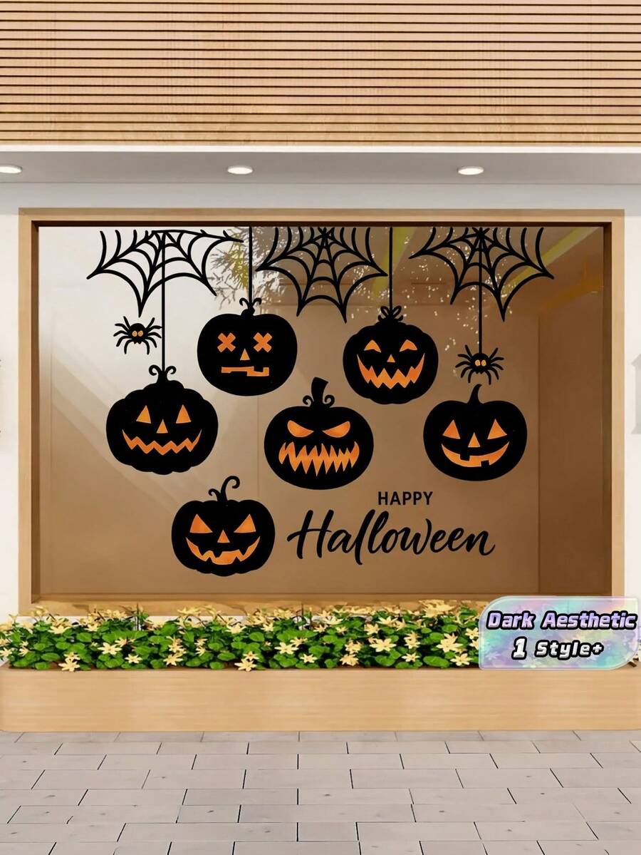 1PC UV Resistant Ghost Pumpkin Silhouette Spider Web Window Clings Glass Decoration Halloween Home Holiday Party Fall Autumn Spooky Scary Decorations - Multicolor - View 1