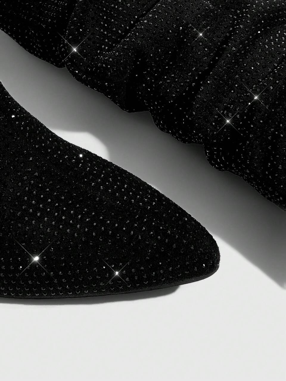 CUCCOO SZL Women Shoes Pointed Stiletto Black Suede Diamond Pile Boots Pleated Boots Stylish Simple Sexy Nightclub Party High Boots Women's Knee Boots High Boots