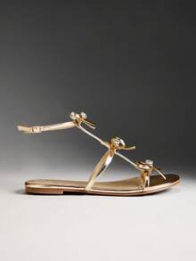 Solezae Women's Minimalist Elegant Ribbon Decor Ankle Strap Flat Sandals Summer Shoes - Gold - View 9