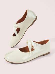 CUCCOO DOLLMOD Women's Lace Up Side Bow Tabi Mary Jane Flats Off White Casual Slip On Ballet Flat Shoes Fall Shoes - Beige - View 3