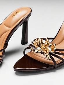 SHUZIA Women's Gold Pansy Hardware Flower Pointed Toe High Heel Sandals - Chocolate Brown - View 7