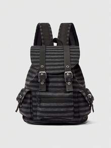 ROMWE Anime Punk College Style Unisex Contrasting Stripes Multi-Pocket Large-Capacity Backpack, Fashionable Casual Backpack, Suitable For Commuting, School, Trave - Black - View 1