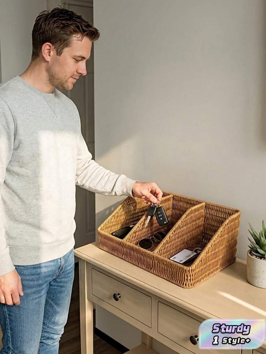1PC Multipurpose Sturdy Non Slip Light Brown Nordic Storage Basket Organizer For Desk Stationery Notebooks Remote Controls Home Office Living Room Bedroom Essential Gift - White flower glue color - View 1