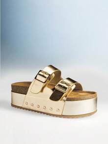 Solezae Sepatu Wanita Sandal Selop Platform Tebal dengan Gesper Ganda - Emas - View 1