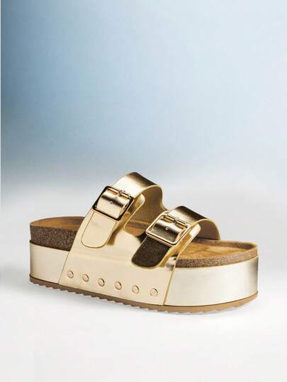 Solezae Women Shoes Double Buckle Band Thick Platprom Slide Sandals