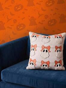 Joivida 1pc/2pcs 45*45cm Halloween 3D Fuzzy Plush Throw Pillow Covers, Pumpkin Ghost Bat Textured Knit Square Cushion Cases, Spooky Cute Fall Autumn Farmhouse Decor For Sofa Couch Bedroom Fireplace Homestay Party, Pillow Insert Not Included - Bow Ghost - View 2