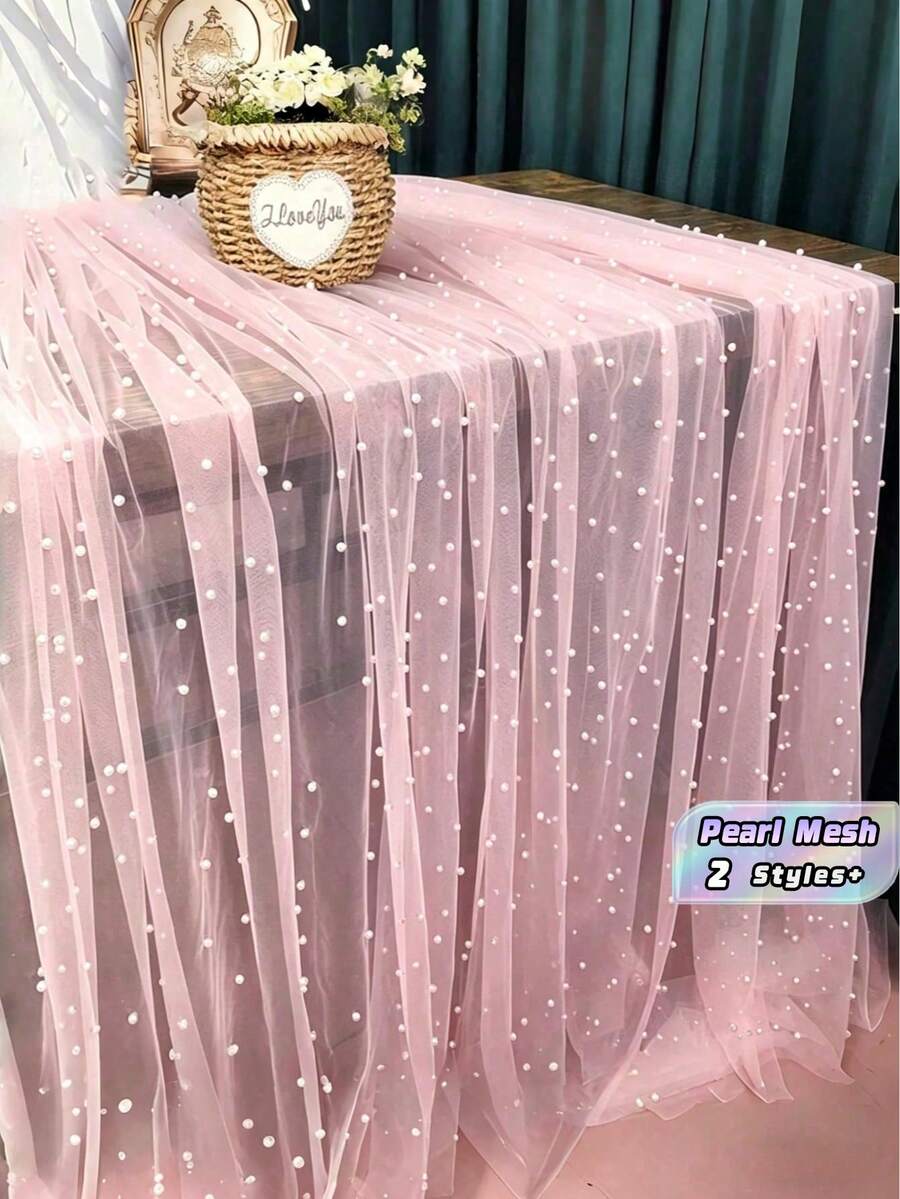 1PC Pearl Mesh Table Runner Pink Lace Chiffon Bohemian Wedding Dessert Cover, Wrinkle Resistant Tulle For Outdoor Wedding Arch Party Baby Shower Bridal Shower Decor - multicolor - View 1