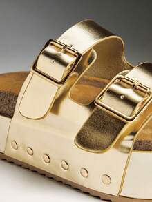 Solezae Sepatu Wanita Sandal Selop Platform Tebal dengan Gesper Ganda - Emas - View 8