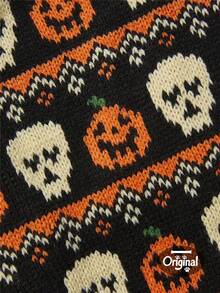 1pc Pet Cat Dog Universal Halloween Pumpkin Skull Fairisle Pattern Classic Retro Jacquard Knit Elastic Turtleneck Warm Comfortable Dog Sweater, PETSIN Original Design - Red and White - View 5