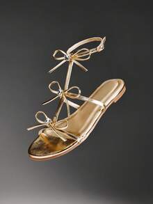 Solezae Women's Minimalist Elegant Ribbon Decor Ankle Strap Flat Sandals Summer Shoes - Gold - View 8