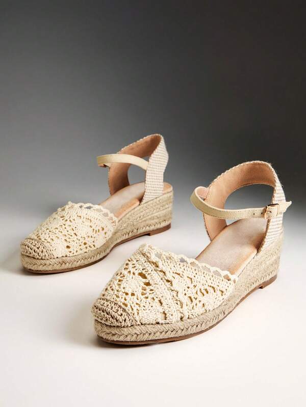 Solezae Women Elegant Floral Cut-Out Ankle Strap Espadrille Wedges