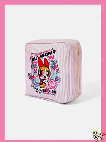 THE POWERPUFF GIRLS X SHEIN 拼貼卡通角色與字母印花拉鍊化妝包，便攜旅行化妝收納袋，適合日常盥洗用品整理 - 卡通女孩 - 查看 2