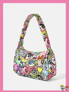THE POWERPUFF GIRLS X SHEIN 全滿塗鴉卡通角色印花夾鏈腋下包，Y2K單肩法棍包，街頭風日常穿搭手提肩背包 - 卡通人物-3 - 查看 2
