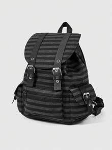 ROMWE Anime Punk College Style Unisex Contrasting Stripes Multi-Pocket Large-Capacity Backpack, Fashionable Casual Backpack, Suitable For Commuting, School, Trave - Black - View 2