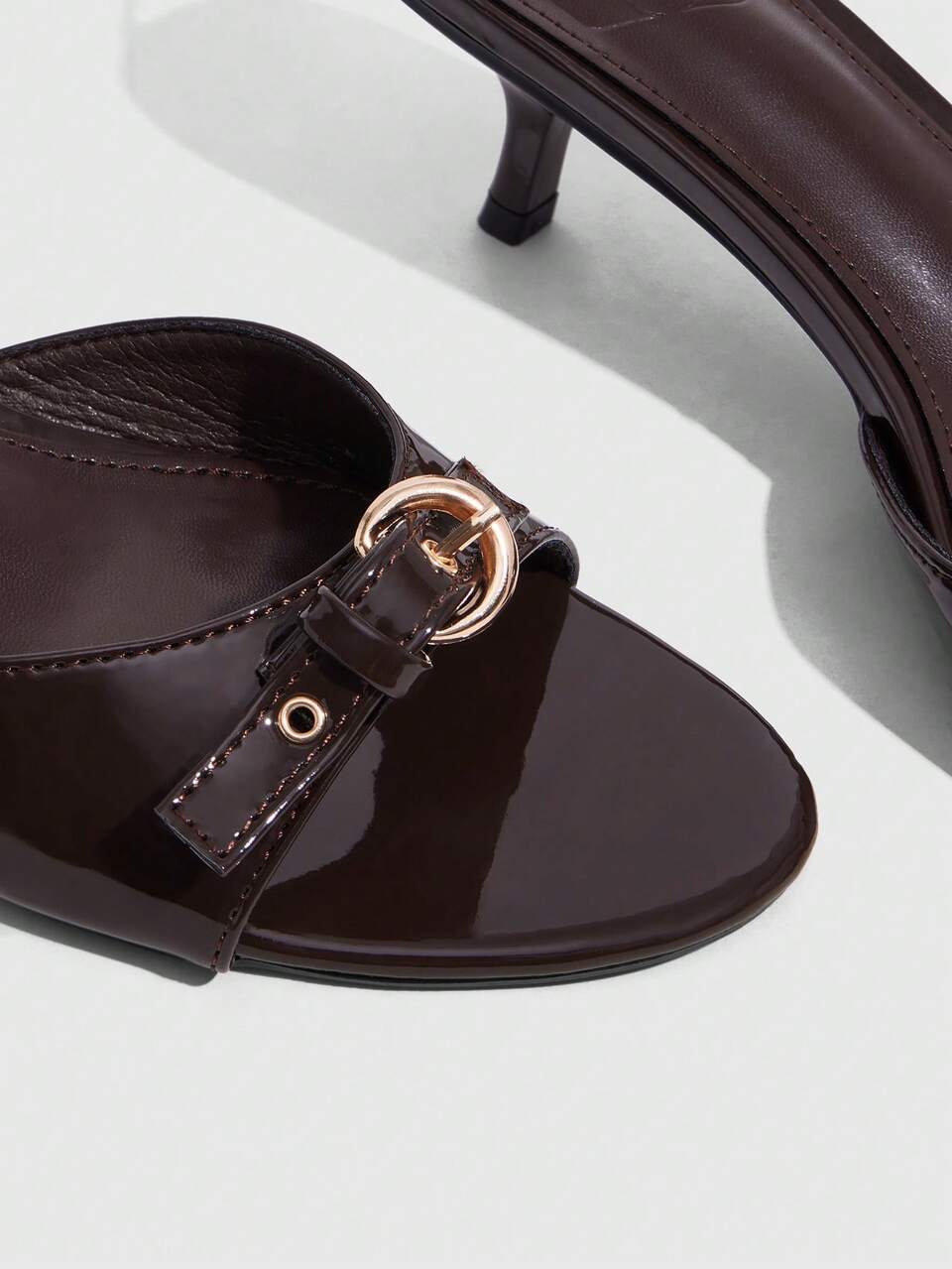 CUCCOO SZL Women's Shiny Dark Brown High Heel Sandals, Kitten Heel With Round Buckle, Comfortable Versatile Daily Commute Vacation Party High Heels