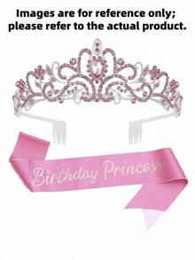 Sparkling Birthday Princess Crown – Rhinestone Tiara & Sash Set, Women's Party Decoration - View 2