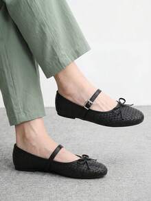 CUCCOO BIZCHIC Women's Black Woven Mary Jane Flats - Round Toe Ballet Shoes With Bow & Adjustable Buckle Strap, Comfortable Casual Dress Shoes For Work Office - Black - View 1