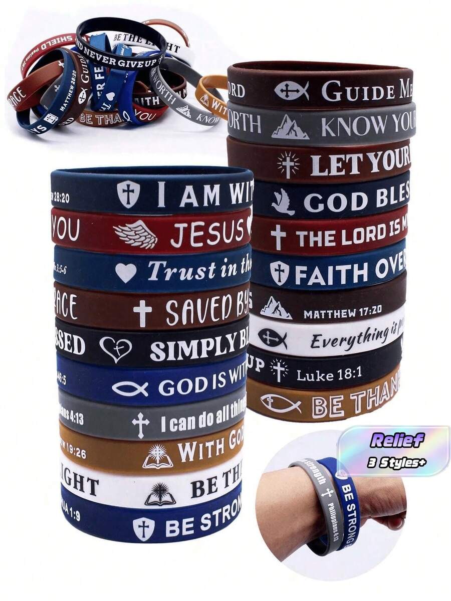 Set 20 Gelang Silikon dengan Desain Ayat Alkitab, Kombinasi Berbagai Warna, Gelang Olahraga Inspiratif untuk Meredakan Stres (Warna Acak) - MultiWarna - View 1