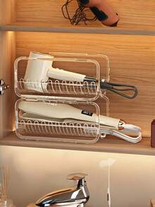 1Pc Transparent Acrylic Hair Tool Organizer Rack Stackable Countertop Storage Holder For Curling Iron Straightener Blow Dryer Comb Bathroom Vanity Dressing Table Salon Desk Shelf - transparent color - View 9