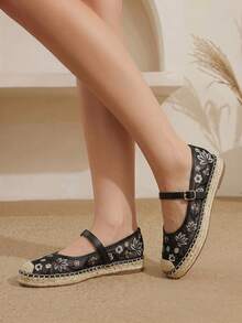 Styleloop Spring And Summer Black Mesh Embroidery Flower Women's Flat-Soled Shoes Mary Jane Shoes Are Suitable For Outdoor Vacation Travel Beach Breathable - Black - View 10