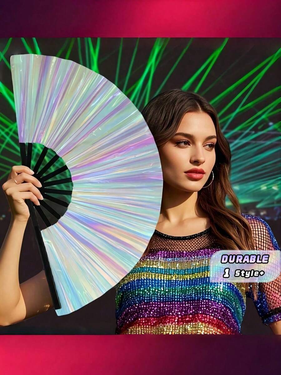 1PC 34.04CM Oversized Colorful Flashing Foldable Hand Fan Durable Dancing Accessory For Party Disco Music Festival Performance Costume Decoration Gift - Multicolor - View 1