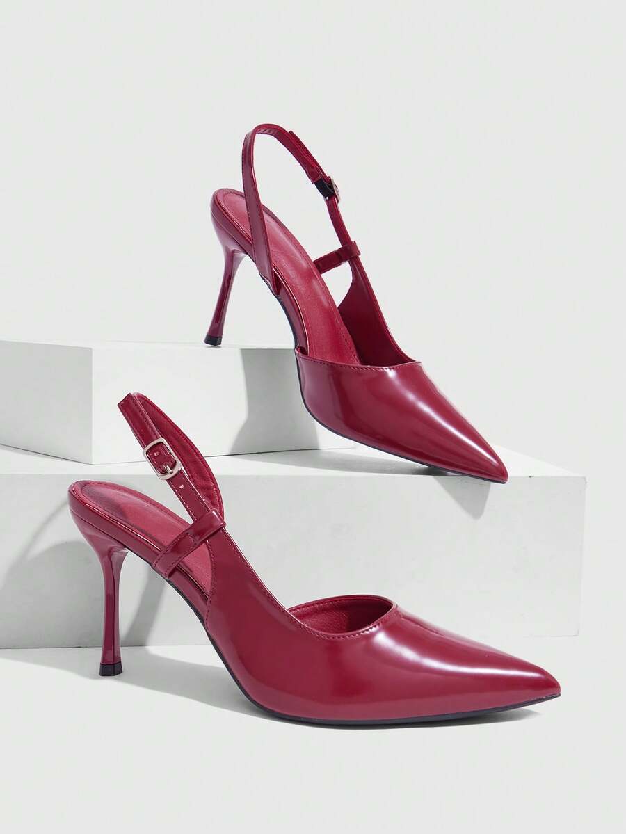 CUCCOO SZL Fashion Women's Spring And Summer Burgundy Matte PU Pointed High Heels Women's Rear Strap Stiletto Shoes Fall Shoes - red wine - View 1