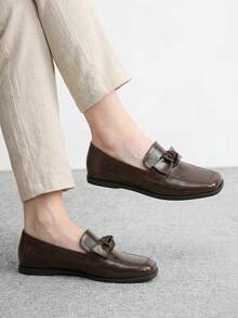 CUCCOO BIZCHIC Brown Soft Leather Bow Loafers Women's, Square Toe Flat Bottom Soft Sole Slouchy Shoes, Commuting Versatile Retro Shoes - Brown - View 1