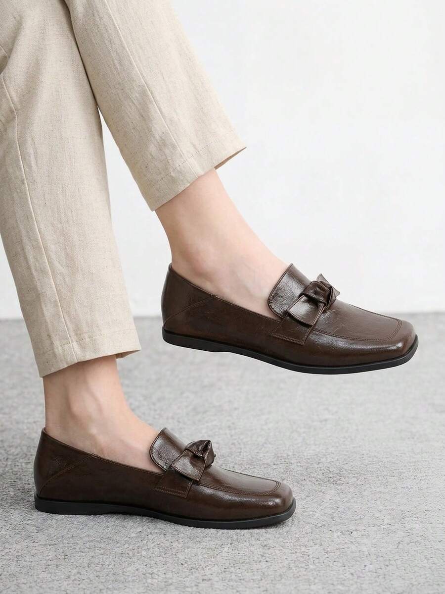 CUCCOO BIZCHIC Brown Soft Leather Bow Loafers Women's, Square Toe Flat Bottom Soft Sole Slouchy Shoes, Commuting Versatile Retro Shoes - Brown - View 1