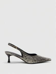CUCCOO BIZCHIC French Light Luxury Snake Pattern Pointed Back Strap Retro Elegant Fine Heel Commuter Kitten And Shoes - Grey - View 2