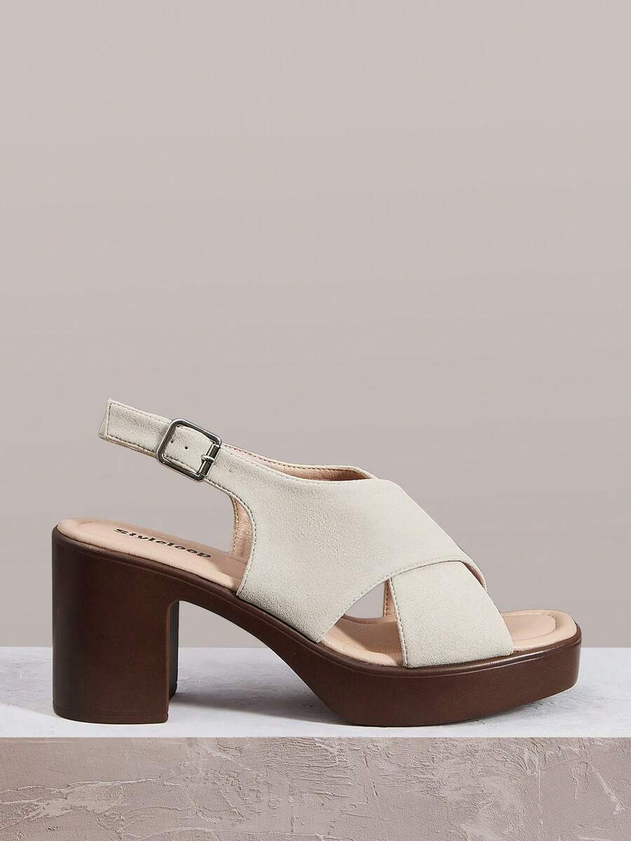Styleloop Frosted Suede Cross-Strapped Thick-Heeled Sandals Women's Head High Heels, Retro Versatile Commuter Open-Toed Women's Shoes - Apricot - View 1
