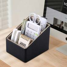 Luxury Vertical Striped 3-Slot Remote Control Box, Pu Leather Desktop Storage Organizer For Tv, Cd, Media Players, Controllers, And Office/Cosmetic Items, Back To School - Multicolor - View 9