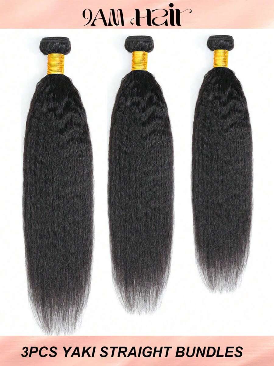 Kinky Straight Bundles Human Hair Yaki Straight Human Hair 3 Bundles 100% Unprocessed Brazilian Virgin Remy Hair Yaki Straight Bundles For Women Natural Color - Natural Black - View 1