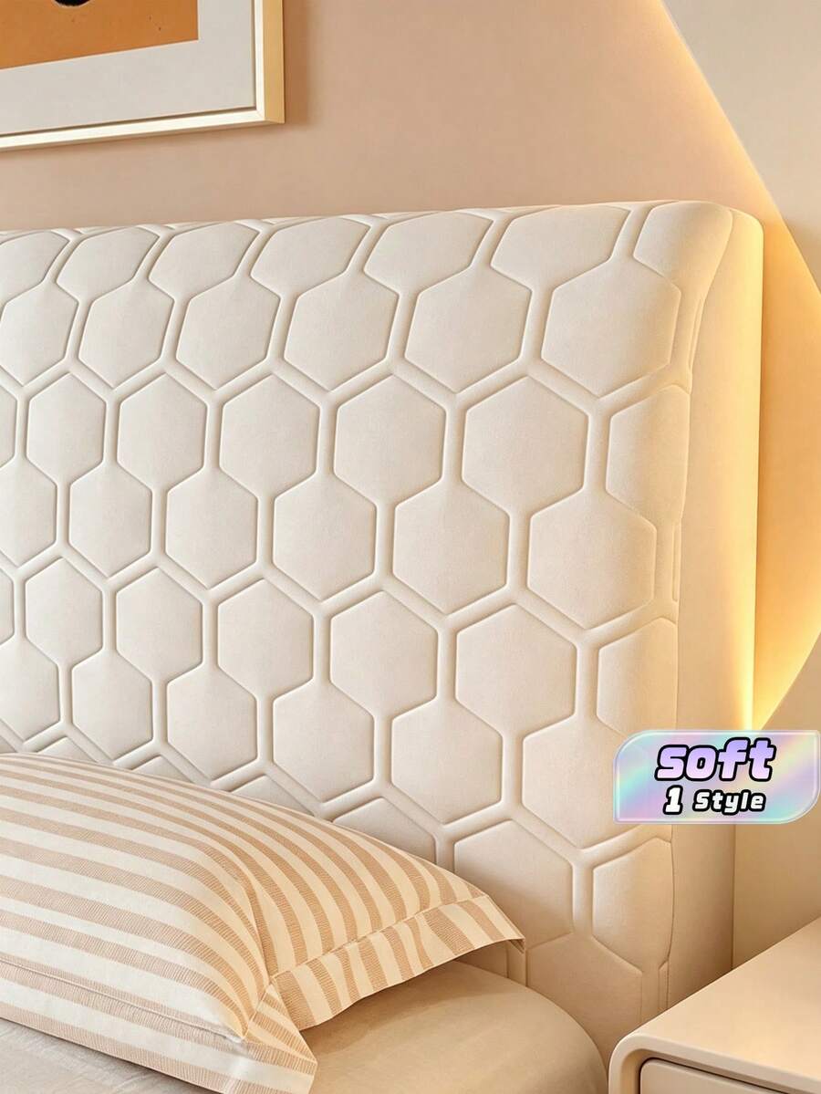 Hexagonal Quilted Sandwich Headboard Cover, Solid Color Thick Dustproof Stretch Upholstered Headboard Protector With Fixing Stickers, Detachable Washable Soft Skin-Friendly Bed Head Cover For Single & Double Beds - Off-white - View 1