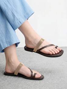 CUCCOO BIZCHIC Minimalist Dark Brown Leather Metal Spring Coil Toe Flats, Women's Elegant Casual Open-Toed Sandals - Mocha Brown - View 3