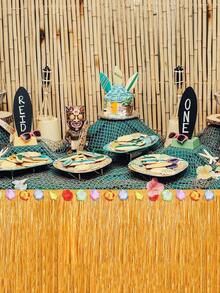 1pc Tropical Raffia Style Table Skirt With Colorful Flower Decor, Hawaiian Luau Beach Themed Party Table Surround, Summer Birthday Pool Party Table Decorations Supplies - Khaki - View 5