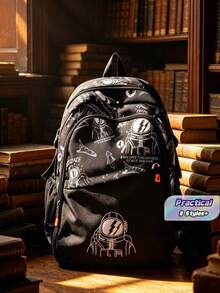 Astronaut Pattern Backpack, Large Capacity Zipper Closure School Bag, Adjustable Shoulder , Short Trip Bag, , Ideal For Daily Use, Outings, Travel, School, And Back To - Multicolor - View 1