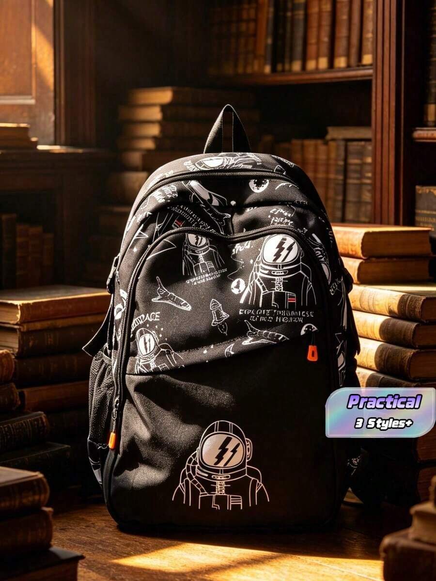 Astronaut Pattern Backpack, Large Capacity Zipper Closure School Bag, Adjustable Shoulder , Short Trip Bag, , Ideal For Daily Use, Outings, Travel, School, And Back To - Multicolor - View 1