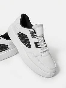 Vate Holiday Gift, Minimalist Comfortable White With Black Kpu Women's Casual Athletic Shoes For New Year & Valentine's Day, Urban Style Lace-Up Walking & Skateboarding Shoes Sports Shoes Casual Shoes Trainers - White - View 2