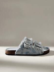 Solecia Double Buckle Frayed Edge Open Toe Flat Cork Slippers, Casual Outdoor Wear Sandals, Daily Commute Beach Vacation Versatile Sandals - Two color light blue - View 6
