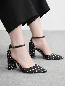 CUCCOO BIZCHIC 女款新款黑色波點緞面布料簡約優雅尖頭粗跟高跟鞋，女款扣環腳踝帶鏤空涼鞋，優雅 - 黑色波點 - 查看 4