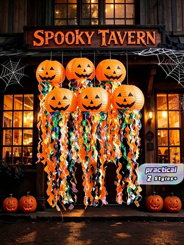 Foldable Pumpkin Paper Lantern Orange Black Hanging Decor Halloween Party Ornament Lightweight Durable Suitable For Birthday Wedding Graduation Indoor Outdoor Home Courtyard Backdrop Holiday Decorations Party Supplies