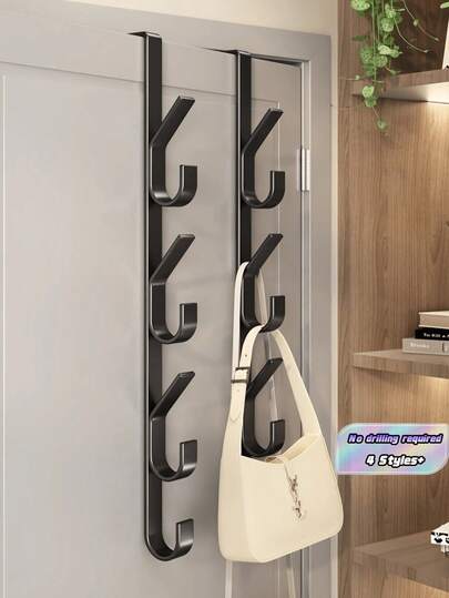 1pc Carbon Steel No-Drill Door Hook - Heavy Duty Metal Multipurpose Towel Rack | Space-Saving Vertical Design Storage Hook Rack | Bathroom Door Towel Hanger, Titanium Gold, No Drilling Required, Suitable For Bedroom