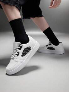 Vate Holiday Gift, Minimalist Comfortable White With Black Kpu Women's Casual Athletic Shoes For New Year & Valentine's Day, Urban Style Lace-Up Walking & Skateboarding Shoes Sports Shoes Casual Shoes Trainers - White - View 3