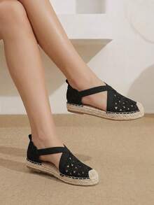 Styleloop Modische Damen-Flats in Schwarz mit Blumenstickerei, Hohldesign, Strohsohle und elastischem Band, geeignet für Outdoor, Urlaub und Shopping - Schwarz - Übersicht 10