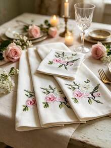 Cirelle 1/2/4 Buah Serbet Linen Bordir Mawar Vintage, Serbet Meja Persegi yang Dapat Digunakan Kembali untuk Resepsi Pernikahan, Dekorasi Meja Makan - MultiWarna - View 8